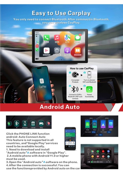 Kablosuz Apple Carplay & Android Auto Uyumlu 9" Dokunmatik Araç Ekranı + Geri Görüş Kamerası + Fm Transmitter + Aux Çıkışlı Multimedya Sistemi