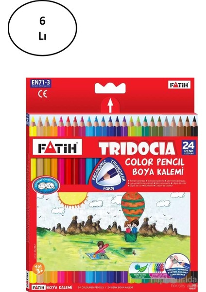 Fatih Üçgen Kuru Boya Kalemi 24 Renk Tam Boy Tridocia 6'lı