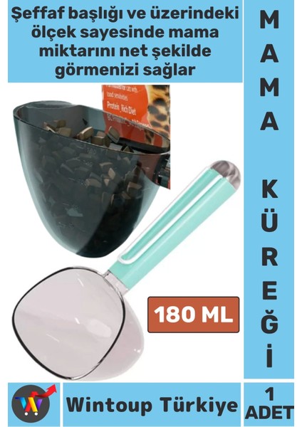 Ergonomik Tutuş Dayanıklı Plastik Hijyenik Klipsli Ölçekli Şeffaf Kedi Köpek Mama Küreği 180 ml