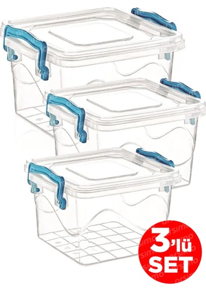 3'lü Kare Kelepçeli Şeffaf Saklama Kabı Seti | Kapaklı Saklama Kabı Set 2.4 Lt - 1.2 Lt - 550 ml ROYALEKS-82111