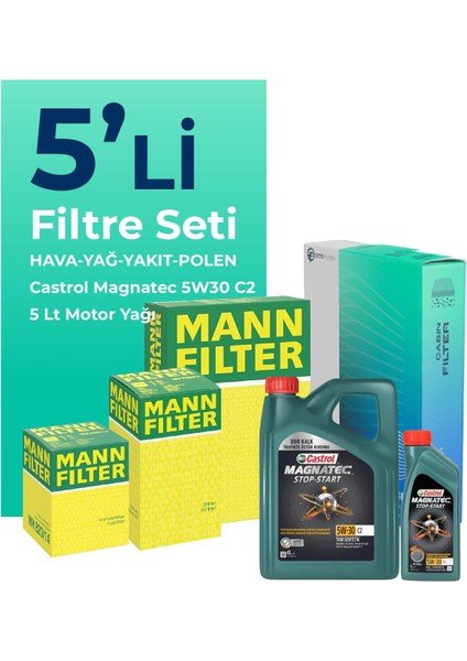 MANN Peugeot 407 2.0 Dizel Filtre Bakım Seti Castrol Motor Yağlı (2004-2011) 5 Li