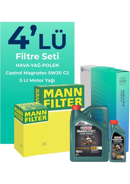 MANN Peugeot 407 2.0 Dizel Filtre Bakım Seti Castrol Motor Yağlı (2004-2011) 4 Lü