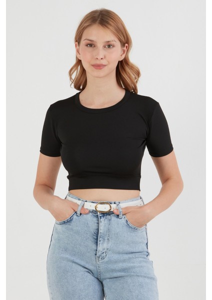 Basic Bisiklet Yaka Crop Tişört