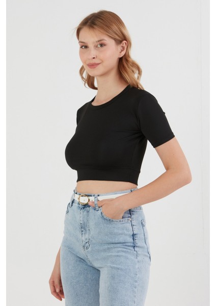 Basic Bisiklet Yaka Crop Tişört