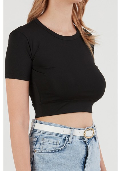 Basic Bisiklet Yaka Crop Tişört