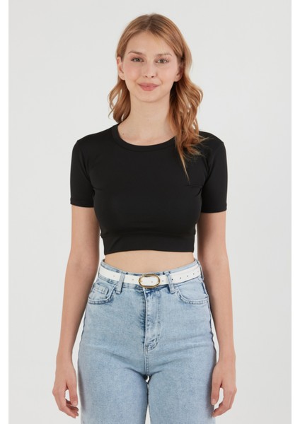 Basic Bisiklet Yaka Crop Tişört