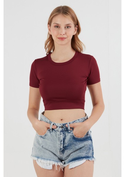 Basic Bisiklet Yaka Crop Tişört