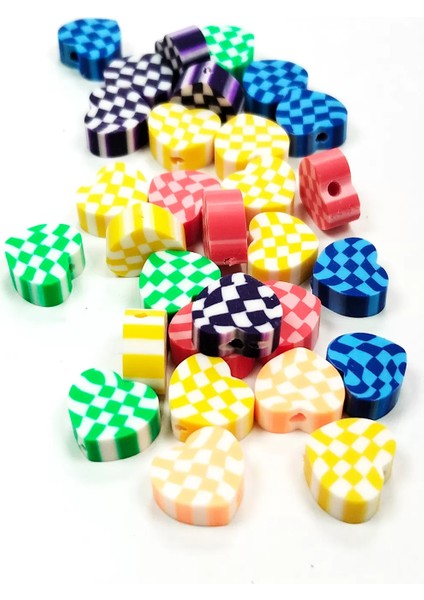 30 Adet 10 mm Polimer Kil Fimo Boncuk Takı Bileklik + 1 Metre Lastikli Misina - Desenli Kalp