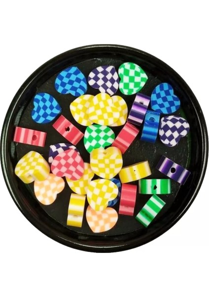 30 Adet 10 mm Polimer Kil Fimo Boncuk Takı Bileklik + 1 Metre Lastikli Misina - Desenli Kalp
