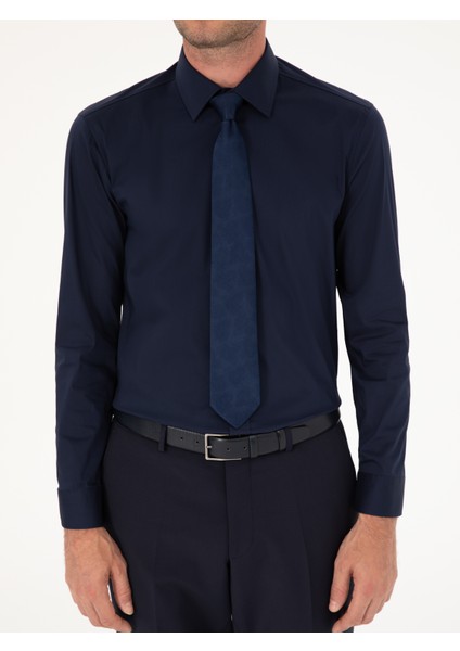 Erkek Lacivert Slim Fit Pamuk Karışımlı Gömlek 50284433-VR033