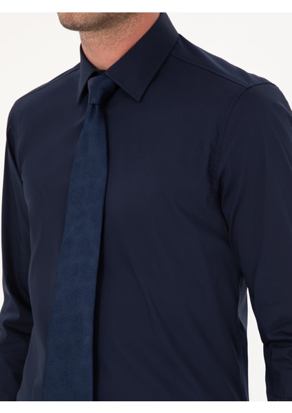 Erkek Lacivert Slim Fit Pamuk Karışımlı Gömlek 50284433-VR033