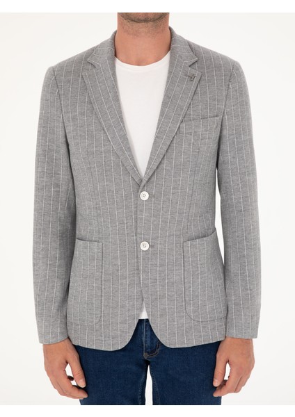 Erkek Açık Gri Slim Fit Çizgili Yün Karışımlı Ceket 50284497-VR001