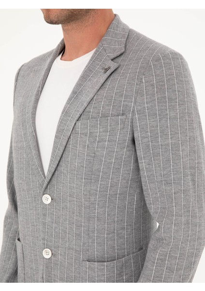 Erkek Açık Gri Slim Fit Çizgili Yün Karışımlı Ceket 50284497-VR001