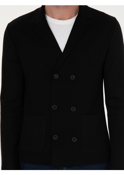Erkek Siyah Slim Fit Yün Karışımlı Kruvaze Triko Hırka 50296283-VR046