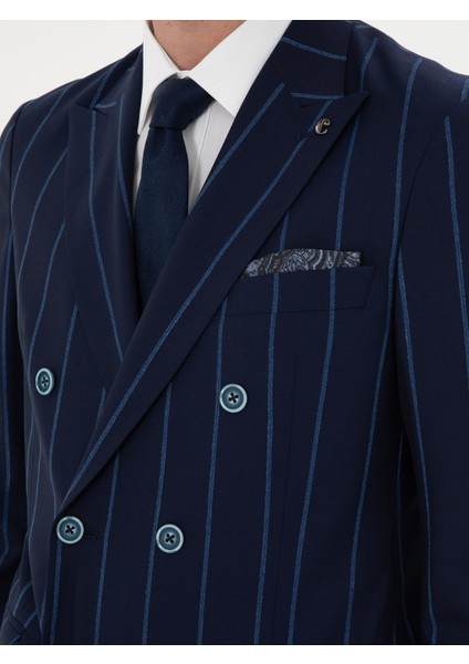 Erkek Lacivert Slim Fit Çizgili Yün Takım Elbise 50284848-VR033