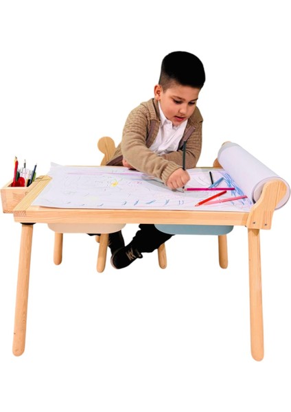Rulo Aparatlı Doğal Ahşap Duyusal Çocuk Aktivite Masası Oyun Masası 1 Adet Geyik Sandalye