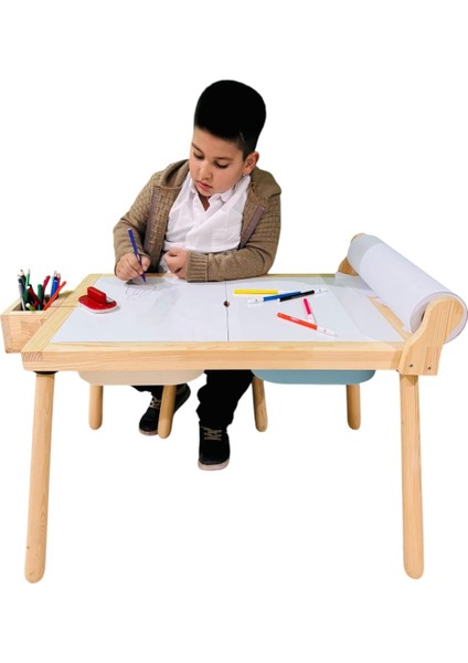 Rulo Aparatlı Doğal Ahşap Duyusal Çocuk Aktivite Masası Oyun Masası 1 Adet Geyik Sandalye