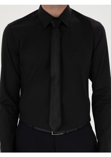 Erkek Siyah Slim Fit Pamuk Klasik Gömlek 50285570-VR046