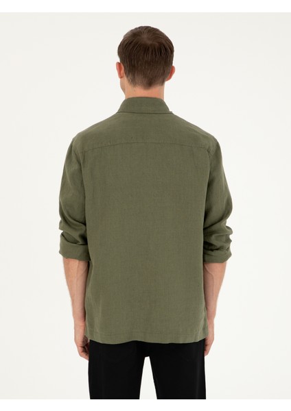 Erkek Haki Regular Fit %100 Keten Gömlek Ceket 50288521-VR027