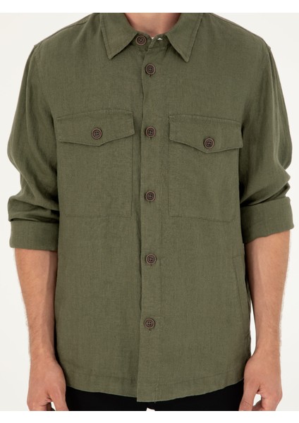 Erkek Haki Regular Fit %100 Keten Gömlek Ceket 50288521-VR027