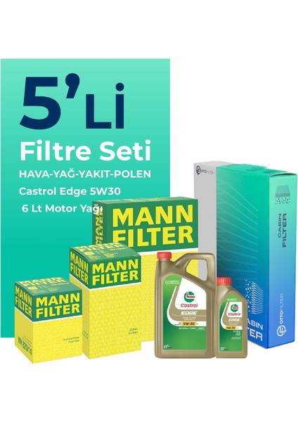 MANN Volkswagen Transporter T6 2.0 Dizel Filtre Bakım Seti Castrol Motor Yağlı (2015-2023) 5 Li
