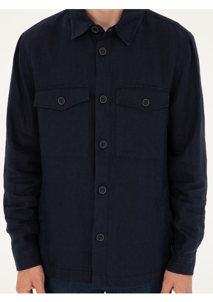 Erkek Lacivert Regular Fit %100 Keten Gömlek Ceket 50288521-VR033