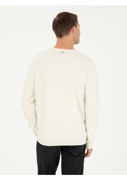 Erkek Beyaz Slim Fit Yün Karışımlı Bisiklet Yaka Triko Kazak 50271657-VR013