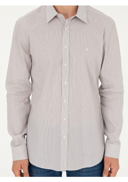 Erkek Kahverengi Slim Fit Pamuklu Çizgili Gömlek 50291352-VR029