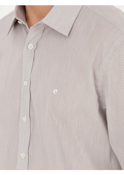 Erkek Kahverengi Slim Fit Pamuklu Çizgili Gömlek 50291352-VR029