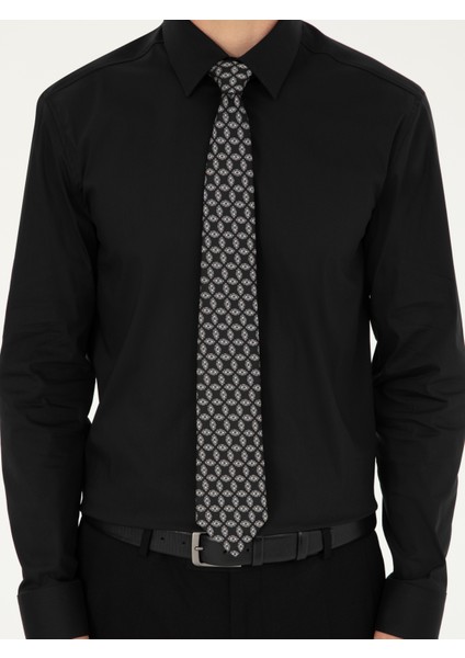 Erkek Siyah Slim Fit Pamuk Karışımlı Klasik Gömlek 50292265-VR046