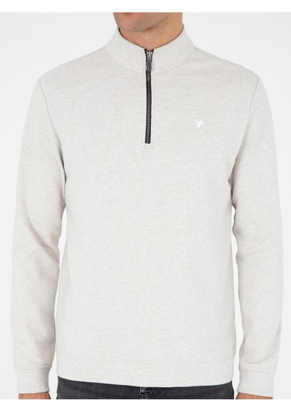 Erkek Ekru Regular Fit Pamuk Karışımlı Yarım Fermuarlı Sweatshirt 50294015-VR019