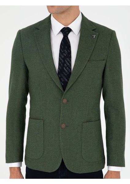 Erkek Haki Slim Fit Yün Karışımlı Balıksırtı Spor Ceket 50290536-VR027