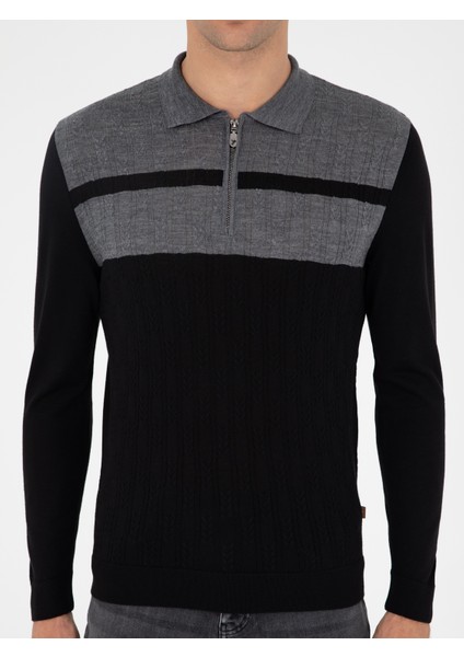 Erkek Siyah Slim Fit Polo Yaka Fermuarlı Triko Kazak 50293786-VR046
