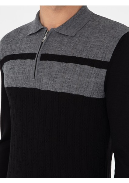 Erkek Siyah Slim Fit Polo Yaka Fermuarlı Triko Kazak 50293786-VR046