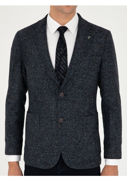 Erkek Lacivert Slim Fit Yün Karışımlı Flanel Ceket 50290527-VR033