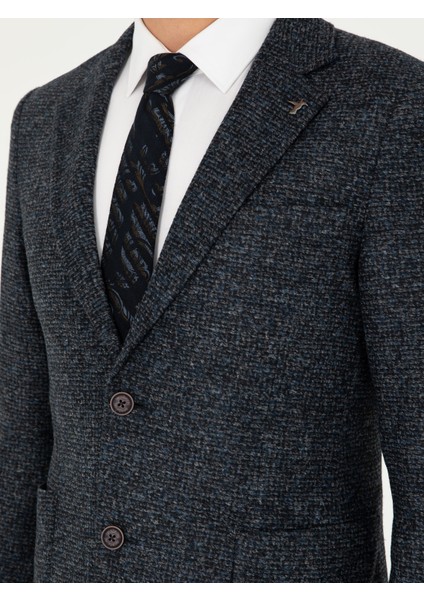 Erkek Lacivert Slim Fit Yün Karışımlı Flanel Ceket 50290527-VR033