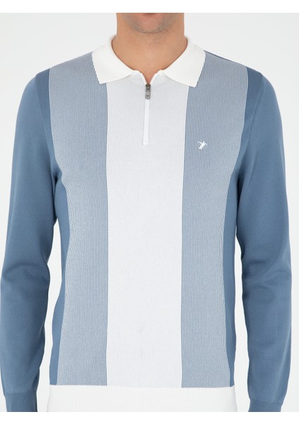 Erkek Mavi Slim Fit Fermuarlı Polo Yaka Triko Kazak 50293767-VR036