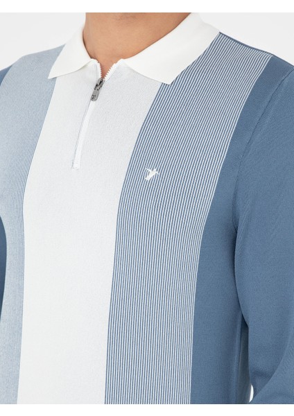 Erkek Mavi Slim Fit Fermuarlı Polo Yaka Triko Kazak 50293767-VR036