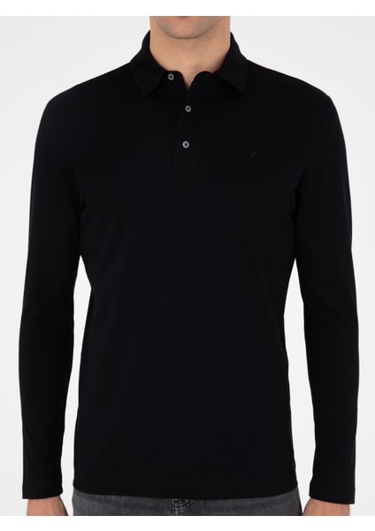 Erkek Siyah Regular Fit Polo Yaka Pamuklu Sweatshirt 50294327-VR046