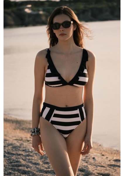 Yüksek Bel Toparlayıcı Bikini Takım 3149 Siyah/beyaz