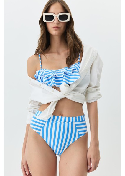 Straplez Yükesk Bel Bikini Takım 3103 Mavi/beyaz
