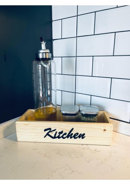 Kitchen Yazılı Ahşap Kasa Kutu Organizer Yağdanlık Sirke Altlık Mutfak Düzenleyici Baharatlık Standı