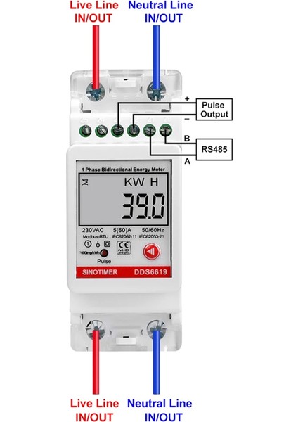 2p Dın-Ray Tek Fazlı Enerji Ölçer AC220V 5(60)A RS485 Modbus ile (Yurt Dışından)