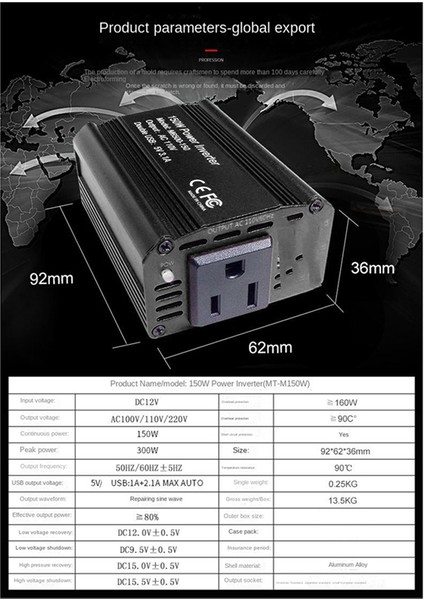 Araba Invertörü 150W 12V Ila 110V220V Adaptör USB Hızlı Şarj Abd Fişi (Yurt Dışından)