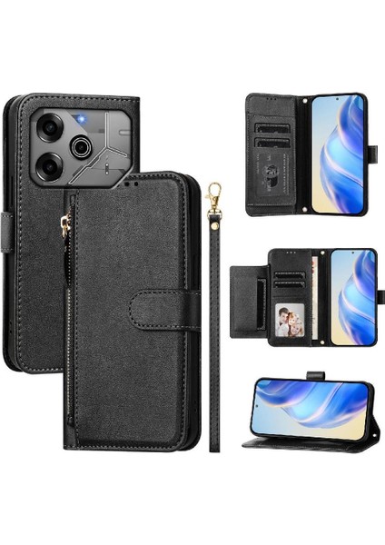 Tecno Spark 6 Go Premium Fermuarlı Deri Çapraz Askılı Uzun Askılı Cüzdan Kılıf Kapaklı Kartlıklı (Yurt Dışından)