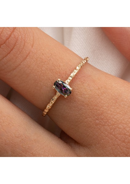 Gümüş Yüzük - Minimal Oval Mistik Topaz Taşlı Gümüş Yüzük-Oval Taşlı 925 Ayar Tek Taş Gümüş Yüzük