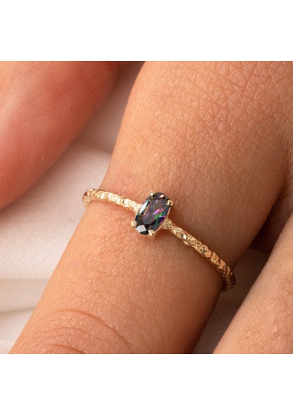 Gümüş Yüzük - Minimal Oval Mistik Topaz Taşlı Gümüş Yüzük-Oval Taşlı 925 Ayar Tek Taş Gümüş Yüzük