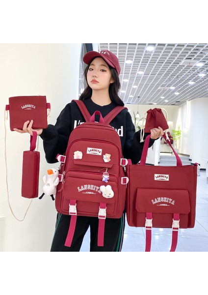 5 parçalı düz renk sırt çantası seti, büyük kapasiteli sırt çantası, basit çanta bozuk para kesesi, günlük haberci çantası, kalem çantası el çantası, (Yurt Dışından) indirimleri