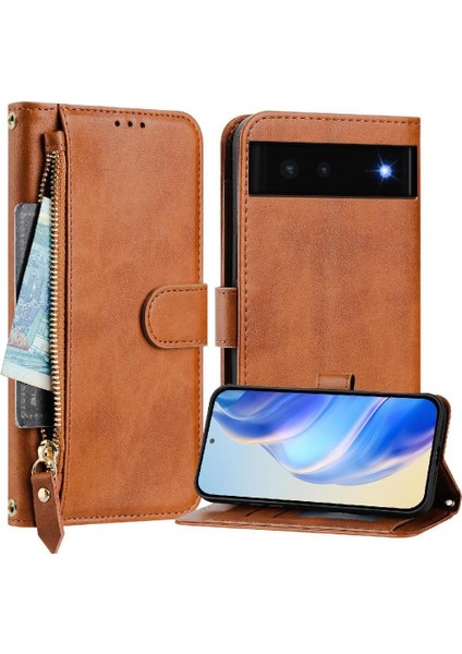 Google Pixel 6 Premium Fermuarlı Deri Çapraz Askılı Uzun Askılı Cüzdan Kılıf Kapaklı Kartlıklı (Yurt Dışından)