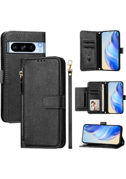 Google Pixel 8 Pro Premium Fermuarlı Deri Çapraz Askılı Uzun Askılı Cüzdan Kılıf Kapaklı Kartlıklı (Yurt Dışından)